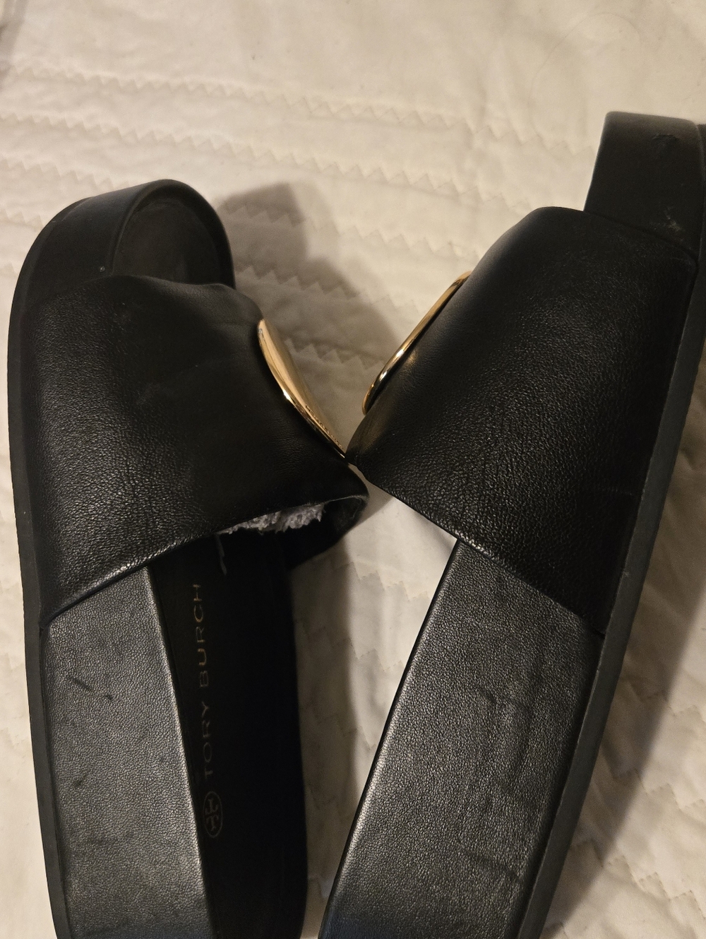 Tory Burch Black Slide Sandals with Gold Medallion - Picture 10 of 16